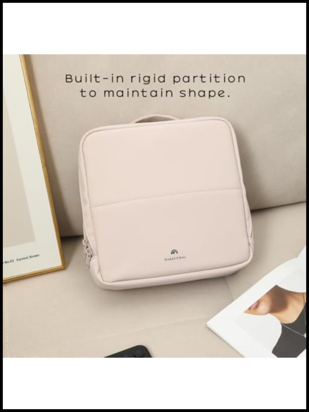 Foldable Magnetic Standing Makeup Bag With Phone Holder, Pu Leather Cosmetic View 3